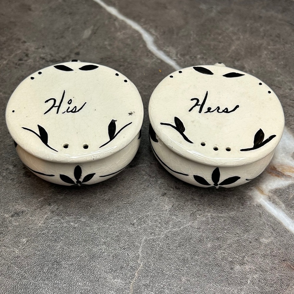 Vintage His and Hers Ceramic Salt and Pepper Shakers Crackle Glaze Floral Cream